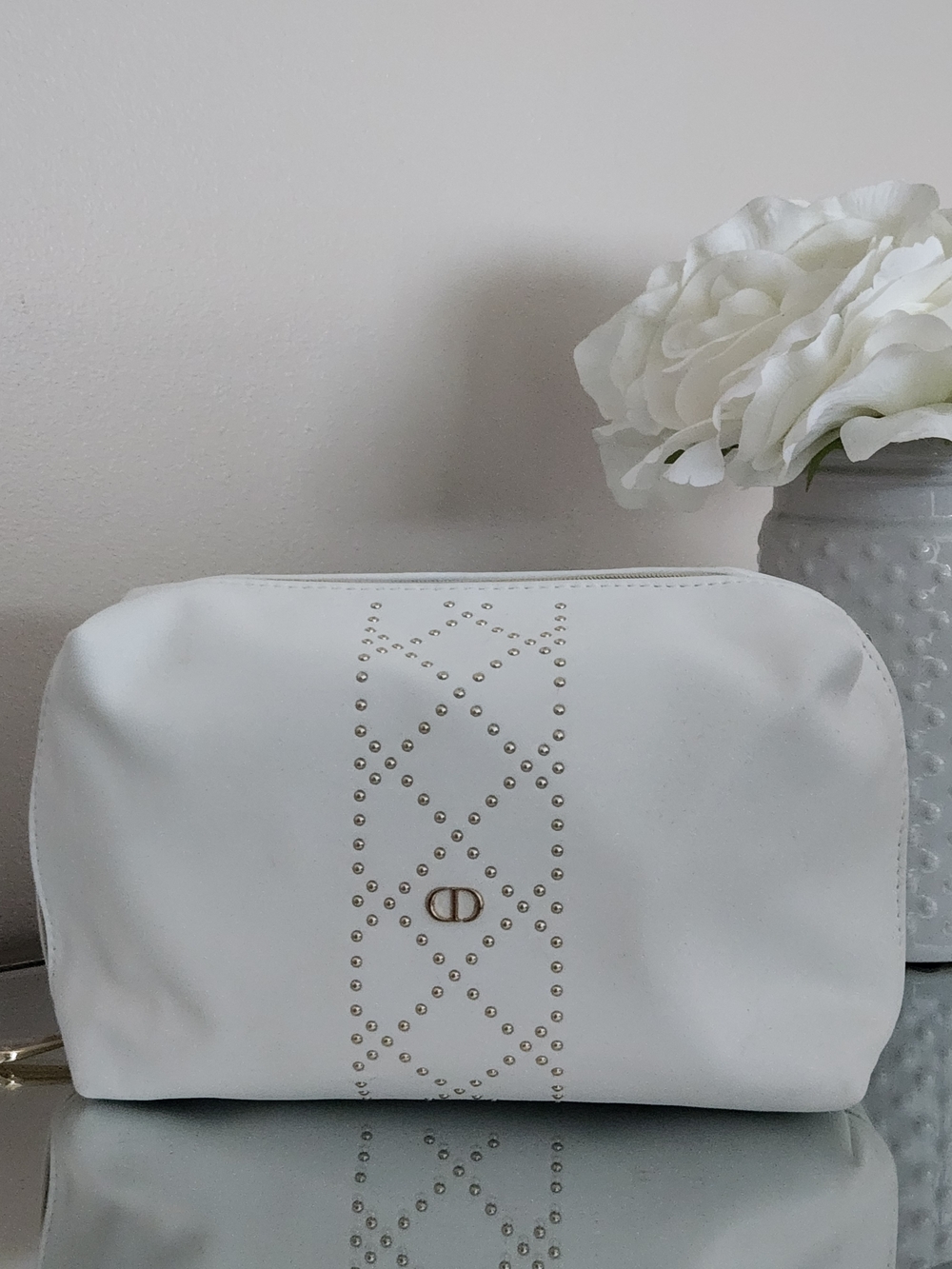 Dior White Studded Cosmetic Bag